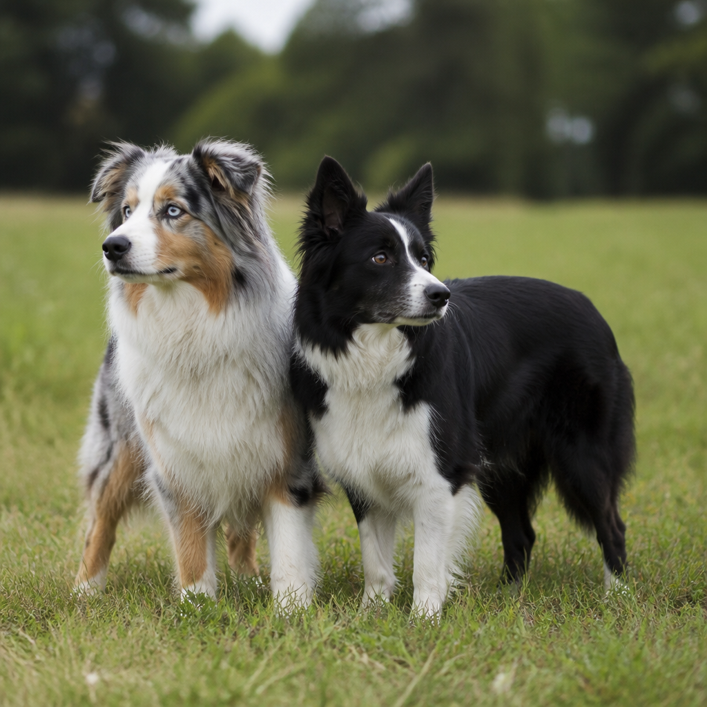 Un berger australien merle aux yeux clairs et un border collie noir et blanc debout côte à côte dans un pré, oreilles dressées, regard vers l'objectif