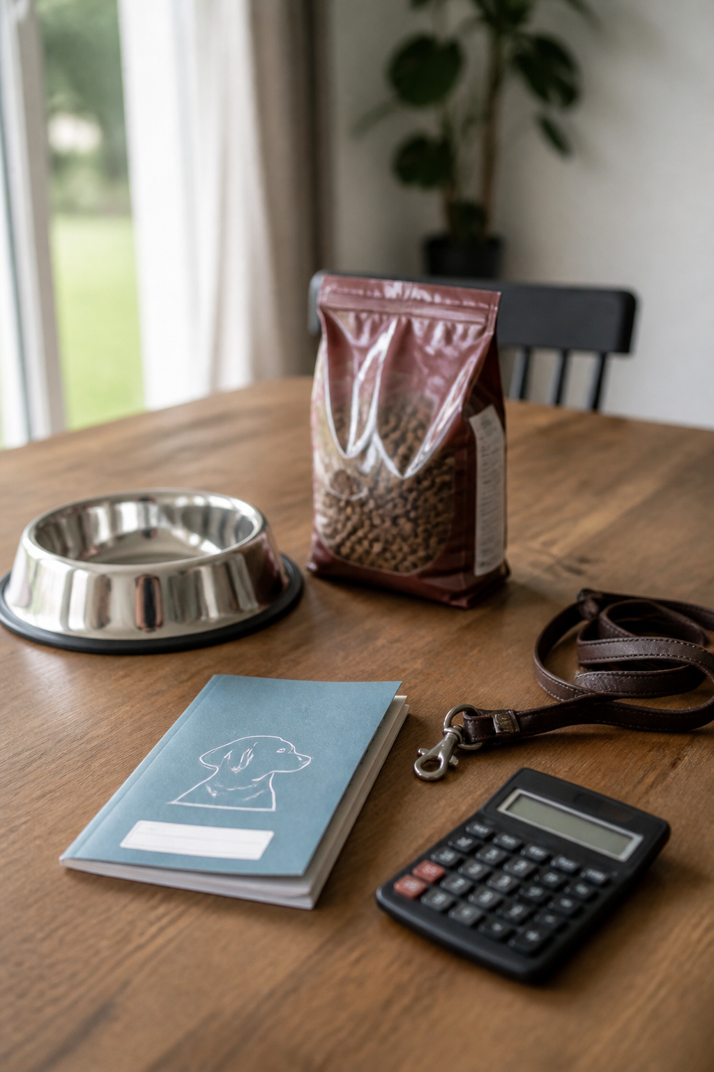 Table de cuisine avec une gamelle en inox, un sac de croquettes, un carnet de santé, une laisse et une calculatrice posés côte à côte, lumière naturelle