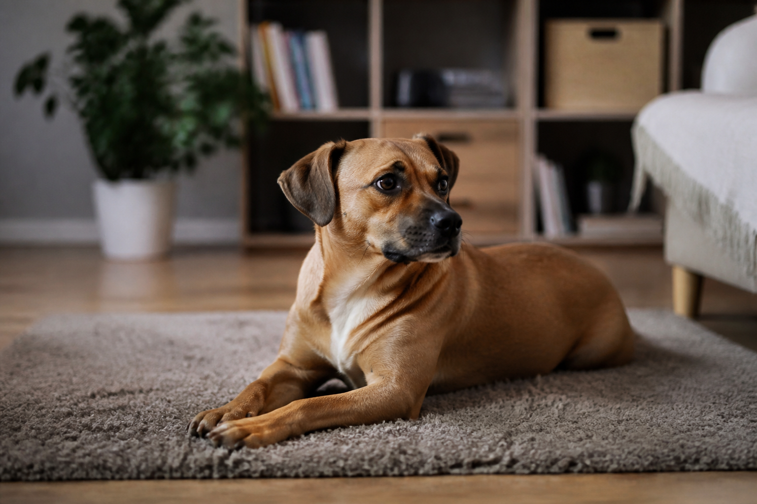 Chien de taille moyenne à poil court couché sur un tapis près d'une grande fenêtre dans un salon d'appartement lumineux, ville visible en arrière-plan
