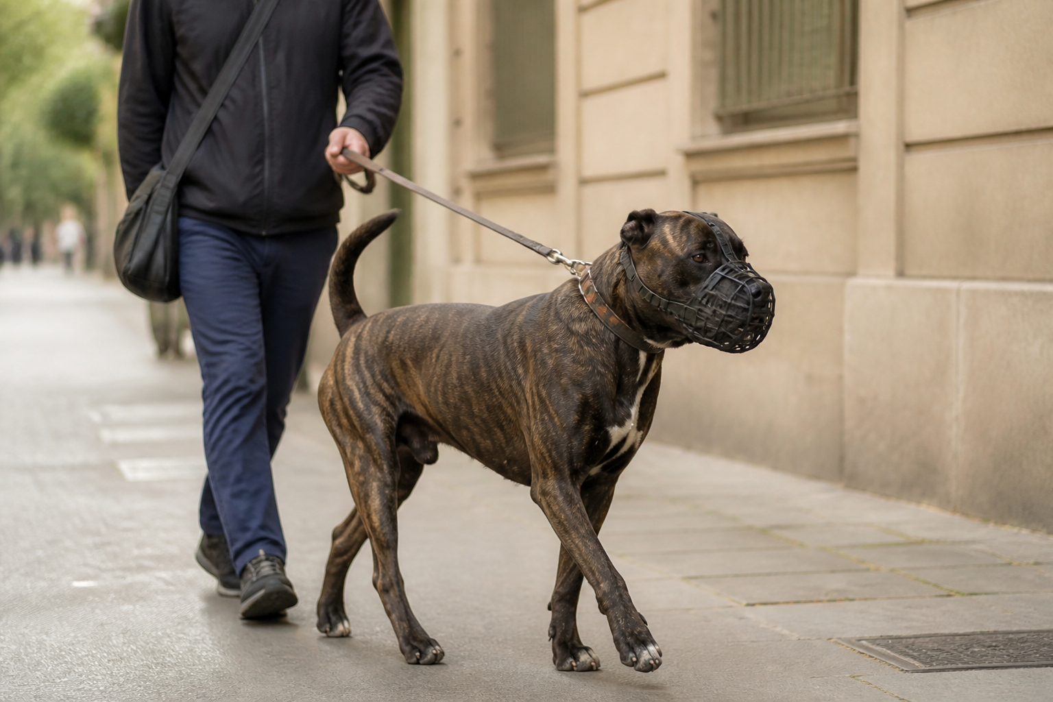 Chien musclé à poil court et robe bringée marchant en laisse courte et muselière panier sur un trottoir urbain, tenu par un adulte