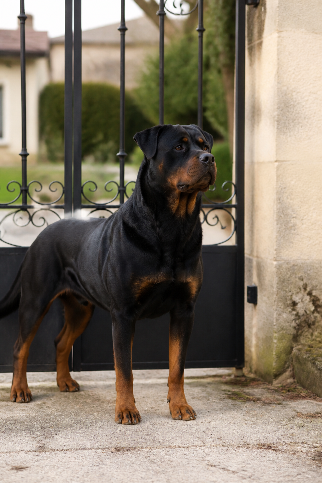 Grand chien noir et feu debout devant un portail en fer d'une maison individuelle, oreilles dressées et attitude attentive, fin de journée