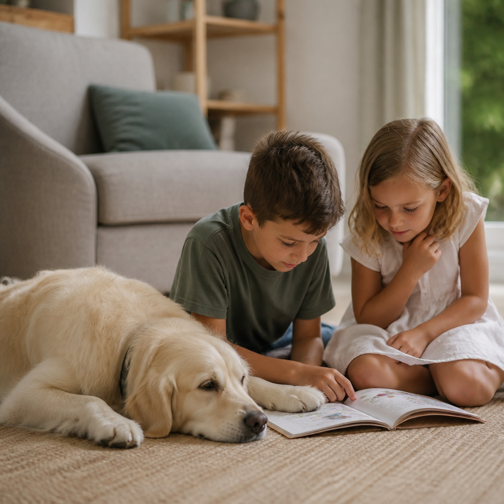 Deux enfants assis dans l'herbe d'un jardin caressant un chien de taille moyenne à poil doré couché tranquillement entre eux, scène estivale