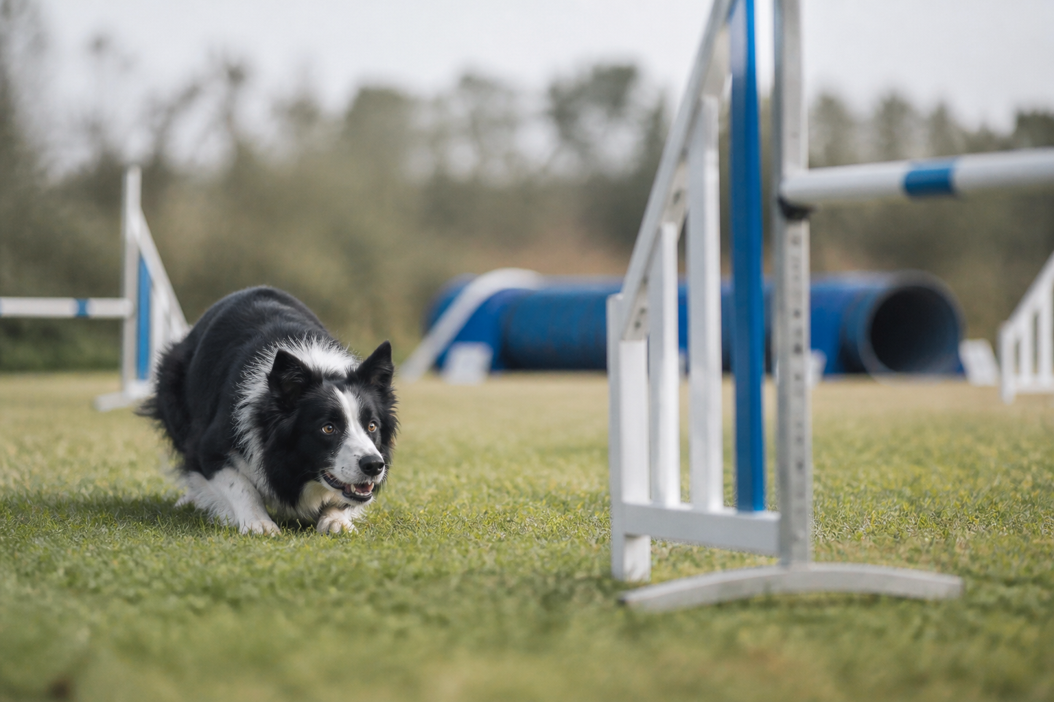 Border collie noir et blanc en pleine concentration devant un parcours d'agility, oreilles dressées et regard fixé sur son maître hors champ
