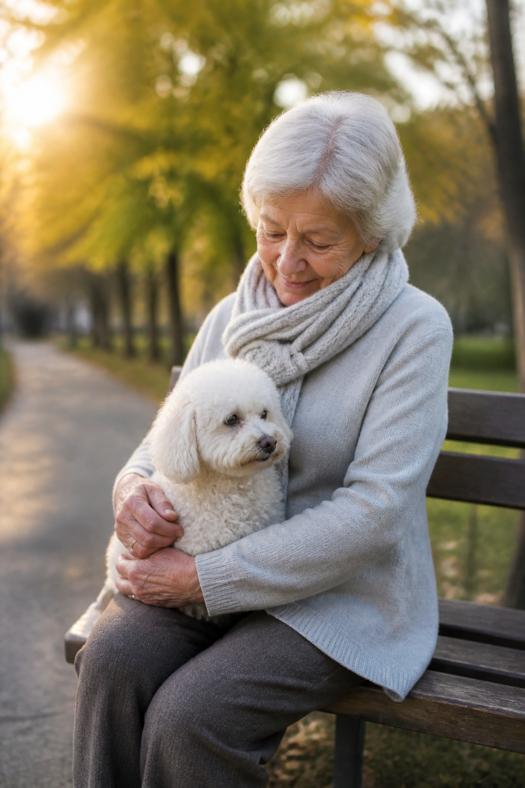 Femme âgée assise sur un banc de parc, un petit chien blanc à poil bouclé posé calmement sur ses genoux, lumière douce de fin d'après-midi