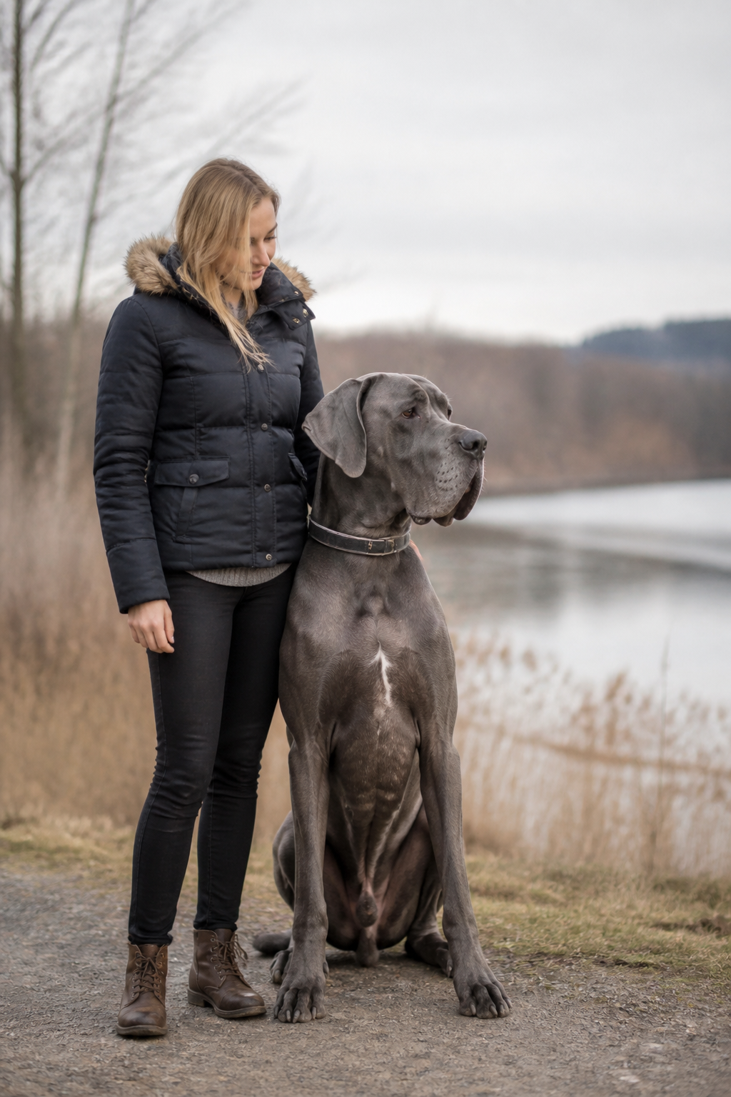 Très grand chien à poil court gris assis à côté d'une personne debout, le sommet de sa tête arrivant à hauteur de hanche, dans une allée bordée d'arbres