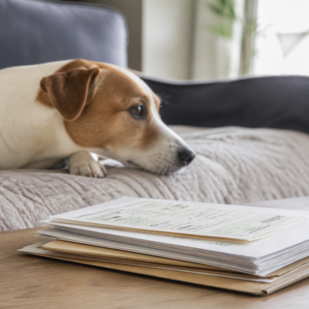 Documents d'identification et pedigree d'un chien posés sur une table en bois à côté d'un stylo et d'un carnet de santé vétérinaire