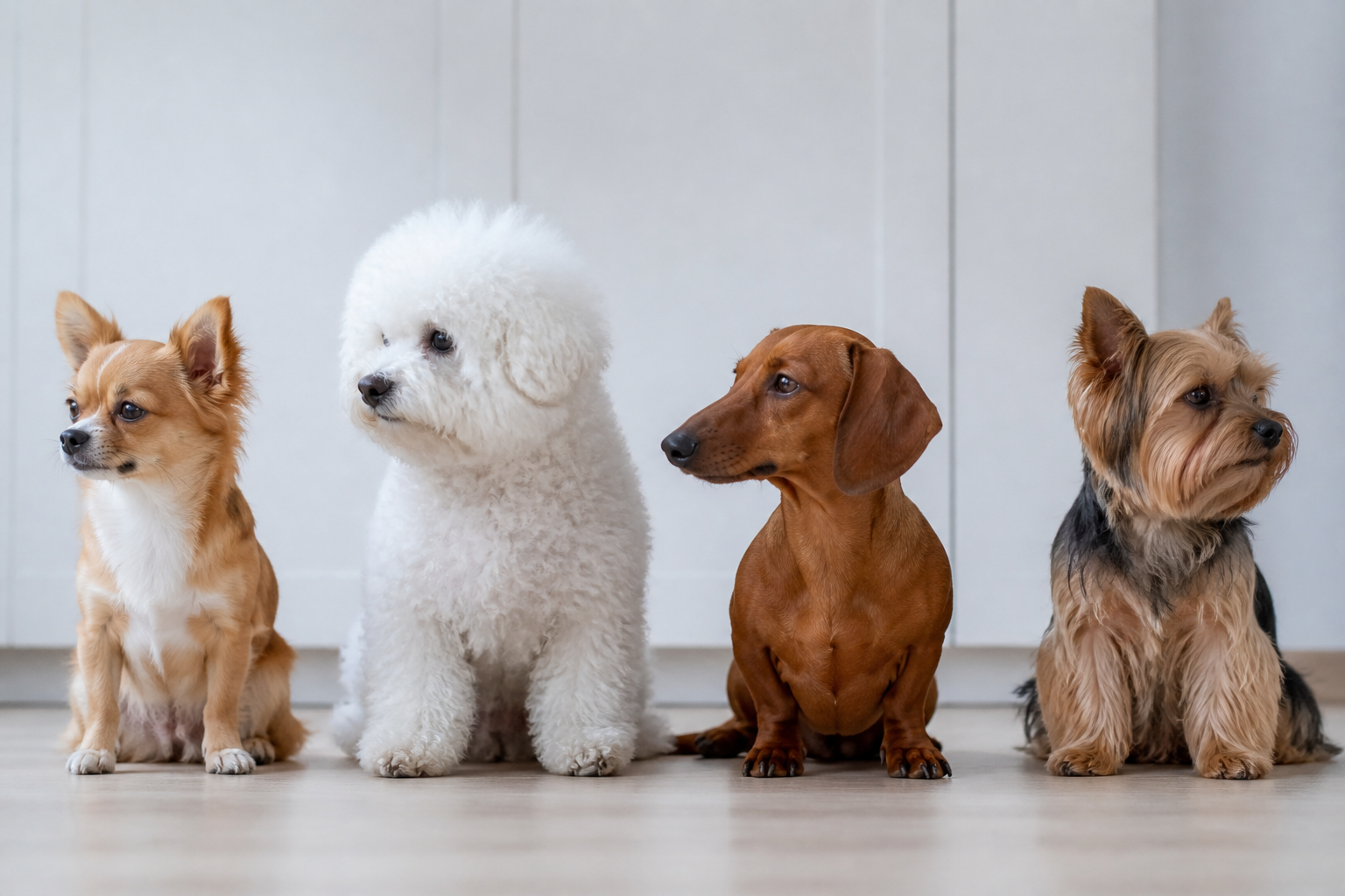 Quatre petits chiens de races différentes assis en ligne sur un sol clair, un chihuahua fauve, un bichon blanc, un teckel poil ras et un yorkshire, photographiés à hauteur de museau