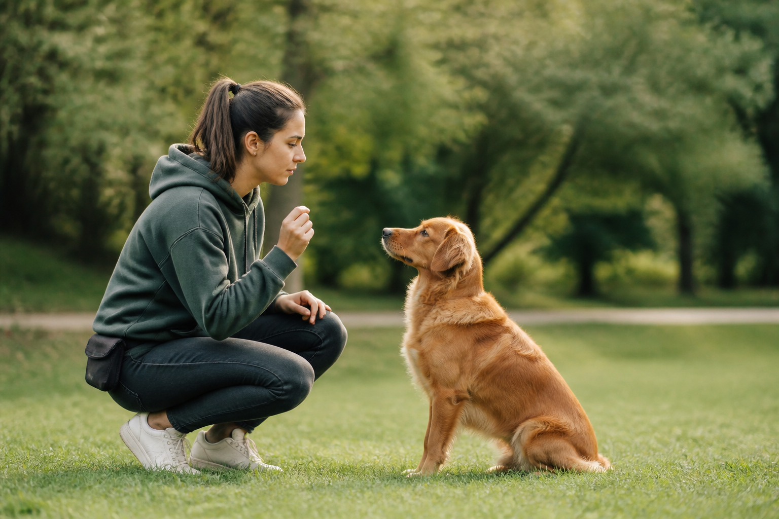Jeune femme accroupie dans un parc face à un chien roux de taille moyenne assis attentivement devant elle, séance d'éducation en extérieur par temps clair