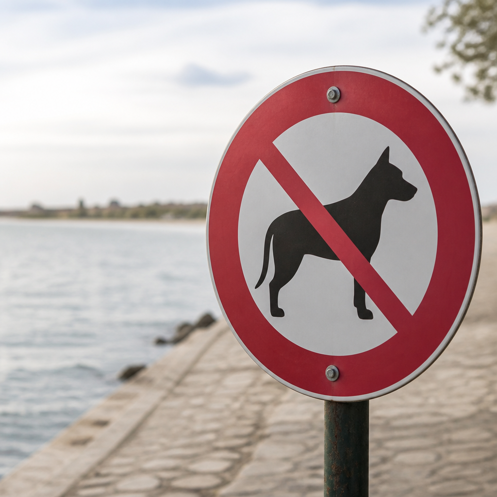 Panneau administratif à l'entrée d'un parc municipal indiquant les règles d'accès des chiens, chien tenu en laisse au premier plan flou